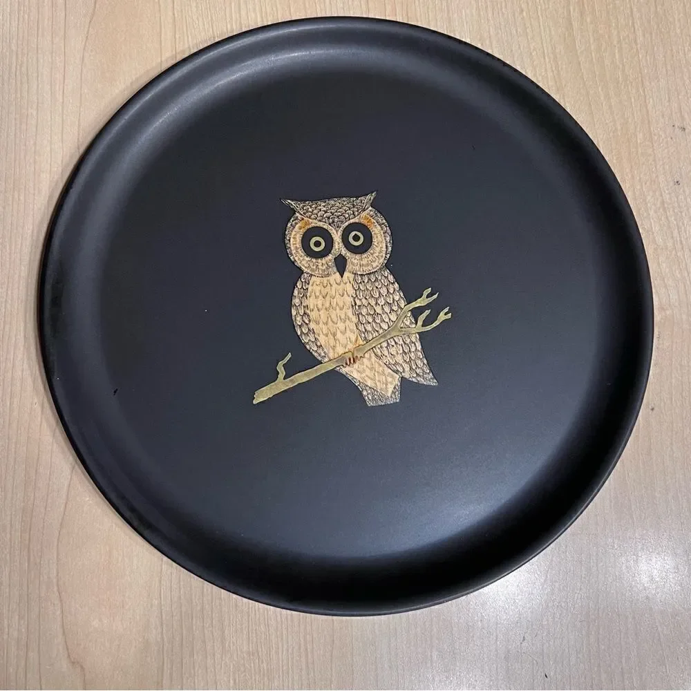 Vintage Mid Century Modern Couroc Of Monterey Inlaid Owl 10.5 Round Serving Tray